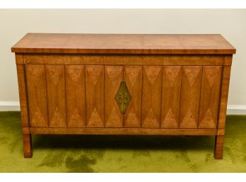 Mid-Century Diamond Shaped Inlaid Wood Console Cabinet With Brass Hardware