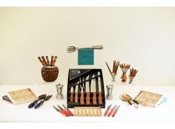 Collection Of Vintage Serving Cocktail Forks, Knives, Salt Cellars, Utensils And More