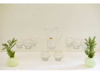 Hand Cut Lead Crystal Pitcher, Set Of Eight Krosno Schmid Glass Mugs, Two Vases With Faux Plants