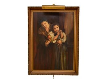 Unsigned Antique Framed Oil On Canvas Portrait Painting Of A Mother And Child