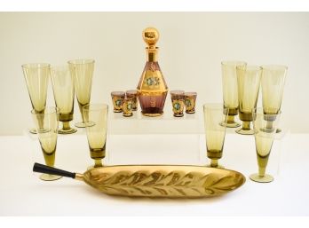 Amethyst Glass And Gilt Italian Cordial Decanter Set With Six Glasses, Brass Tray, Ten Cocktail Glasses