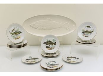 Set Of Sixteen Kahla German Decorative Fish Plates And Large Fish Platter