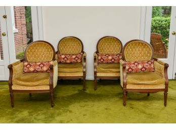 Set Of Four Mid-Century Hibriten Chair Co. Antique Carved Wood Upholstered Arm Chairs