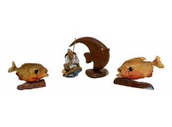 Mid-Century Angel Fish Wood Sculpture, Pair Of Taxidermy Piranha Fish, Chinese Fisherman Sculpture