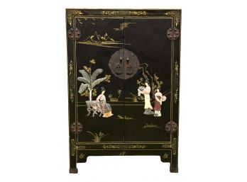 Vintage Black Lacquered Chinese Cabinet With Mother Of Pearl Accents