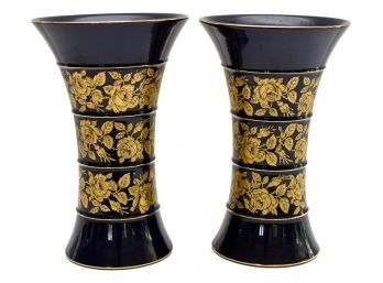 Pair Of Cobalt Blue And Gilt Floral Design Florentine Vases