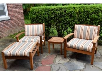 Pair Of Teak Lounge Chairs With Cushions, Ottoman And Cocktail Table