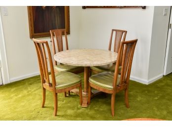 Mastercraft Mid-Century Modern Marble Top Pedestal Dining Table With Four Cane Backed Chairs