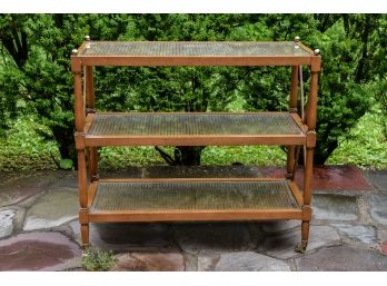 Vintage Three Tier Wood Etagere With Inset Glass Over Cane Shelves