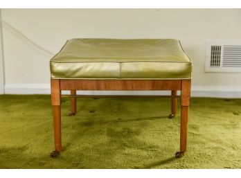 Mid-Century Faux Green Leather Wood Bench On Casters