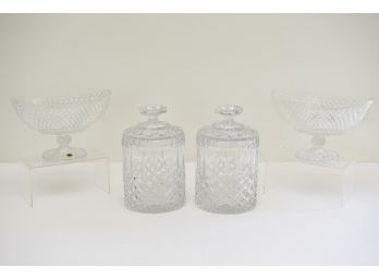 Pair Of Colony Hand Cut Oval Crystal Bowls And Pair Of Crystal Candy Jars With Covers