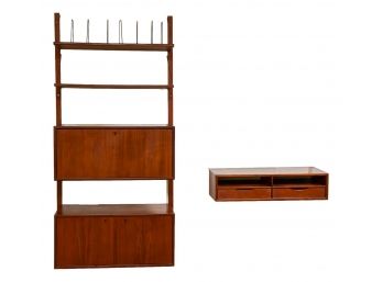 Vintage MCM Danish Modern Poul Cadovius Style Floating Wall Shelf Unit And Drawer Shelf