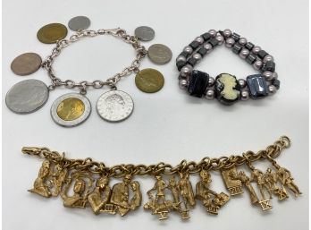 Cameo Bracelet & 2 Charm Bracelets: Italian Coins & 10 Commandments