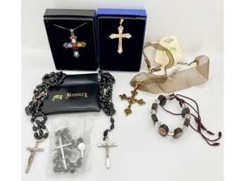 Crucifixes Pendants, Rosaries & Christian Religious Bracelet, Some New (7 Pieces)