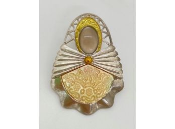 New In Box Carolyn Pollack Relios Sterling Silver Marked 925 & Brass Carved Mother Of Pearl Pendant