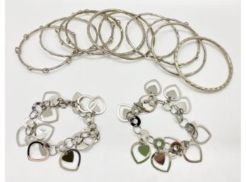 New 2 Edforce Stainless Steel Heart Charm Bracelets & Set Of 10 Rhinestone Bangles