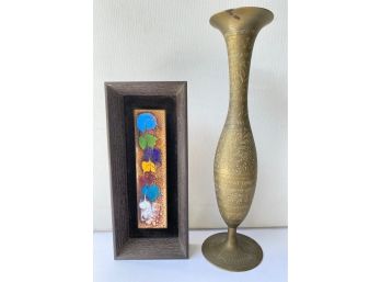 Carved Metal Vase & Framed Small Enamel Art In Wood Frame