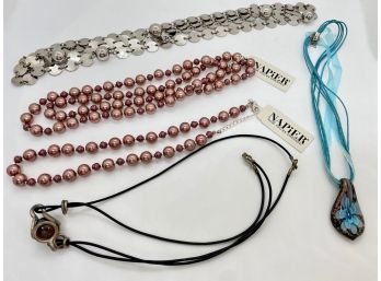 Two New With Tags Napier Necklaces, Retails $54, Metallic Belt, Art Glass Necklace & More (5 Pieces)