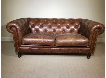 Incredible French Club Style Leather Sofa - Paid $5,500 - Brass Nail Head Trim - Fantastic Leather On Patina