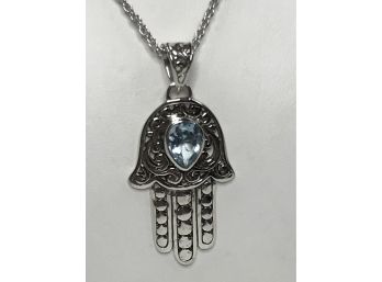 Brand New 14' Very Pretty All Sterling Silver / 925 Necklace With Hamsa Hand Set With Aquamarine Color Stone