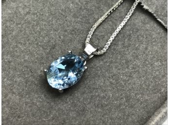 Very Pretty Sterling Silver / 925 Box Chain 18' Necklace With Aquamarine Color Stone Pendant - Made In Italy