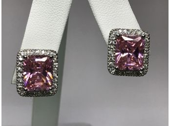 Wonderful Square Sterling Silver / 925 Earrings With Pink Tourmaline & White Topaz Color Stones - NICE !