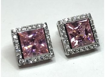 Wonderful Sterling Silver / 925 Square Earrings With Pink Tourmalines & White Topaz Earrings - WOW !