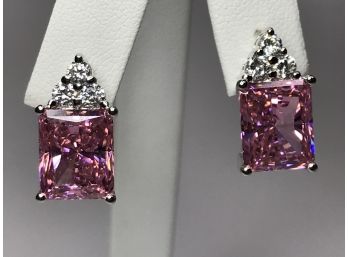 Very Elegant Sterling Silver / 925 Drop Earrings With Pink Tourmaline & White Topaz Color Stones - WOW !