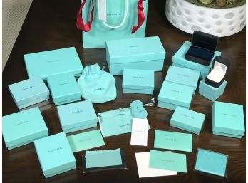 Amazing Group Of Empty TIFFANY & COMPANY Jewelry / Ring Boxes - Pouches - Bags - Ribbons ALL FOR ONE BID !