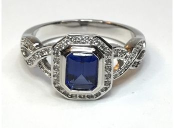 Fabulous Sterling Silver / 925 Ring With Very Pretty Sapphire Blue Color Stone With White Zirconas - Lovely !