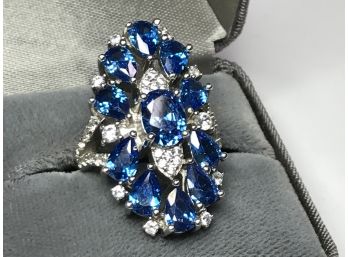 Stunning Large Sterling Silver / 925 Cocktail Ring With Many Sapphire Blue & White Topaz Color Stones