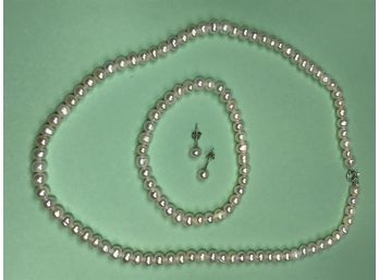 Lovely Cultured Pearl Three Piece Set - All Small Pearls - Necklace - Earrings & Bracelet - In Sterling Silver