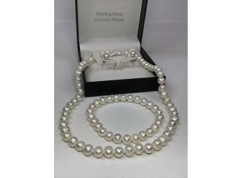 Absolutely Fabulous Genuine Cultured Baroque Pearls In Sterling - 3 Piece Set Necklace - Earrings - Bracelet