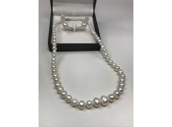 Lovely Two Piece Genuine Cultured Baroque Pearls - 16' Necklace & Earrings - Sterling Silver Clasp & Mounts