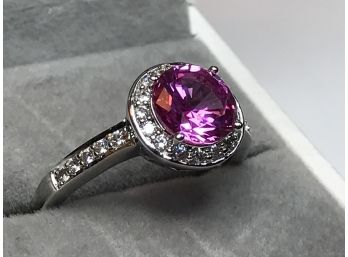 Wonderful Sterling Silver / 925 Ring With Pink Kunzite Color Stone With Channel Set White Zircons - NICE !