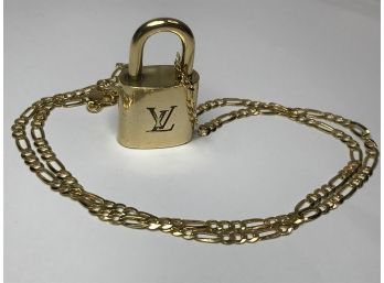 Fabulous LOUIS VUITTON Guaranteed Authentic Lock Pendant On Goldtone Figaro 24' Necklace - JUST POLISHED !