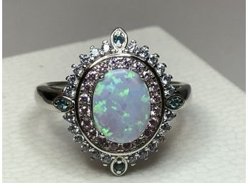 Fabulous Sterling Silver / 925 Ring With Fire Opal & Encircled Aquamarine Color Stones  - Very Nice Ring !