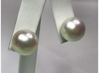 Lovely Large Cultured Pearl Earrings Set In Sterling Silver / 925  - Nice Color And Sheen - VERY PRETTY PAIR !