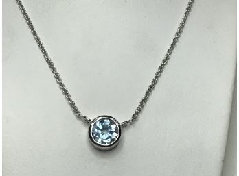 Very Pretty Sterling Silver / 925 Necklace With Attached & Light Aquamarine Color Stone 16' Necklace - Nice !