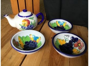 Hand Painted Teapot And Signed Bowls, Belina