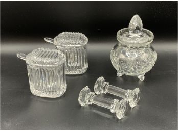 5 Pc Crystal Lot ~ 2 Knife Rests, 2 Lidded Jars With Spoons & More ~