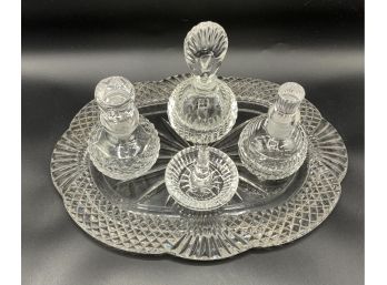 Beautiful Cut Glass Tray, 3 Crystal Perfume Bottles & Ring Holder