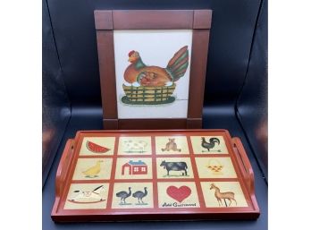 Hand Painted Rooster & Wood Tray ~ Local Artist ~