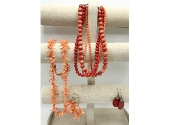 Coral Beaded Necklace Marked 925 Coral W/ Earrings, Silver & Stone Disc Earrings