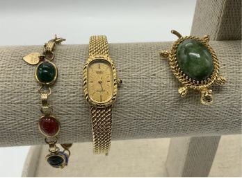 Seiko Watch, Gold Filled Scarab Bracelet & Winard Gold Filled Turtle Brooch