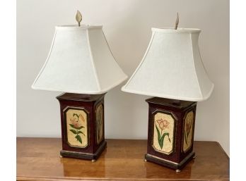 Pair Of Burgundy Floral Painted Lamps