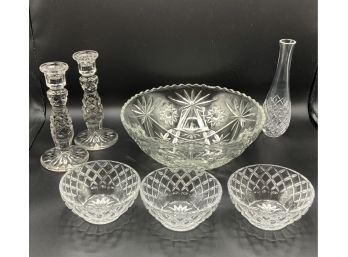 3 Small Bowls, Crystal Candlesticks & More