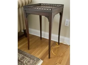 Antique Square Side Table W/Lattice Edge & Lamp