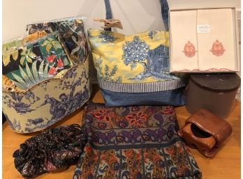 Tole Cache Pot, Ju-d-blu Fabric Tote, Scarf, Candle, Napkins ...