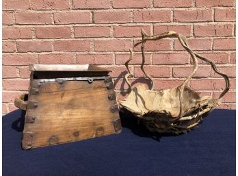 A Rustic Copper Lined Wooden Box Planter And A  Bark And Twig Basket